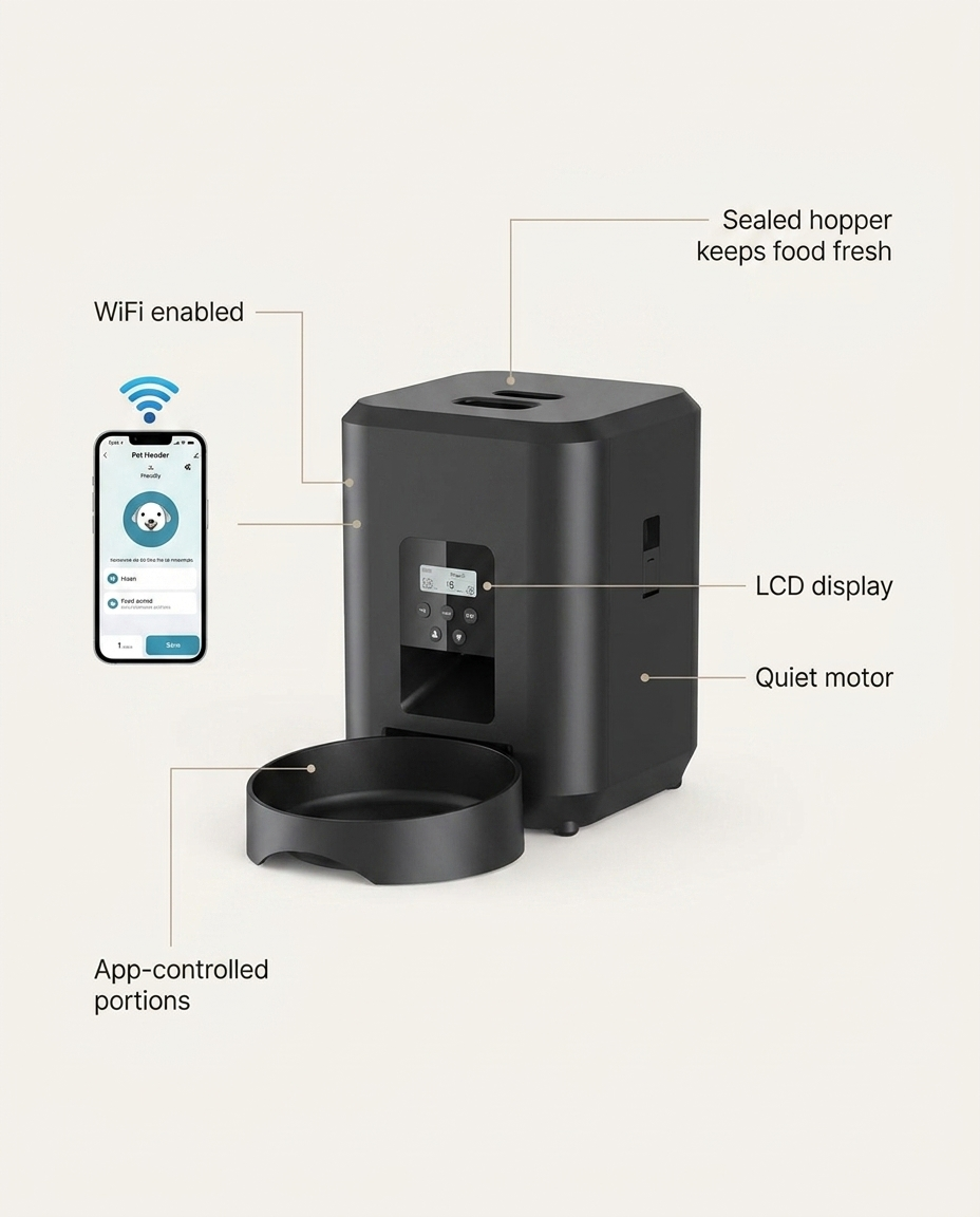 FeedFlow feature highlights - app control, WiFi, LCD display