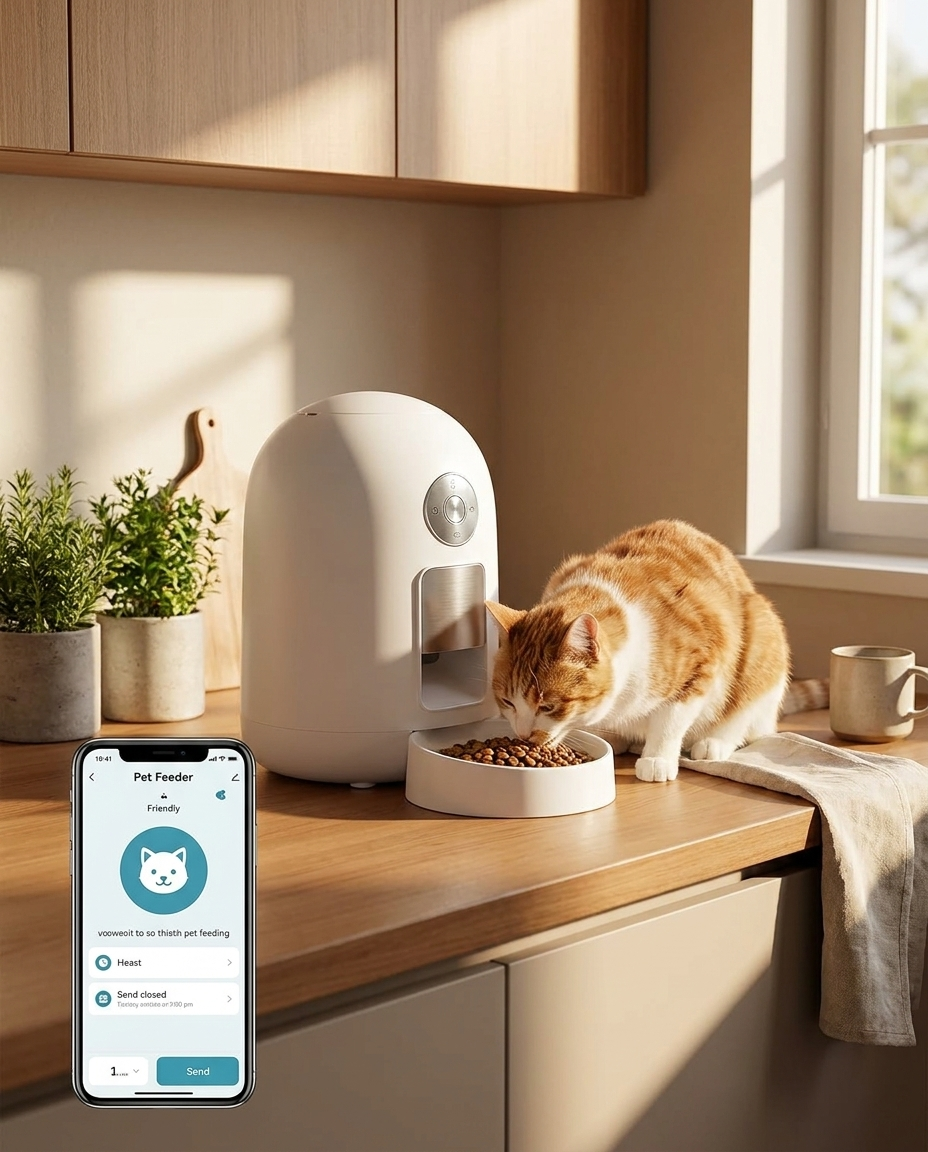 Cat eating from FeedFlow feeder with feeding app