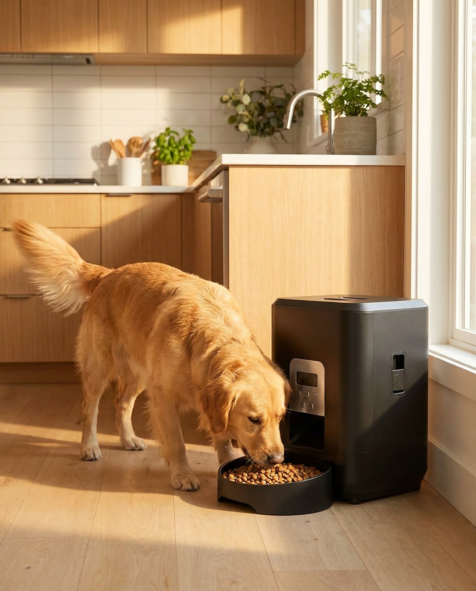 Dog eating from FeedFlow automatic pet feeder